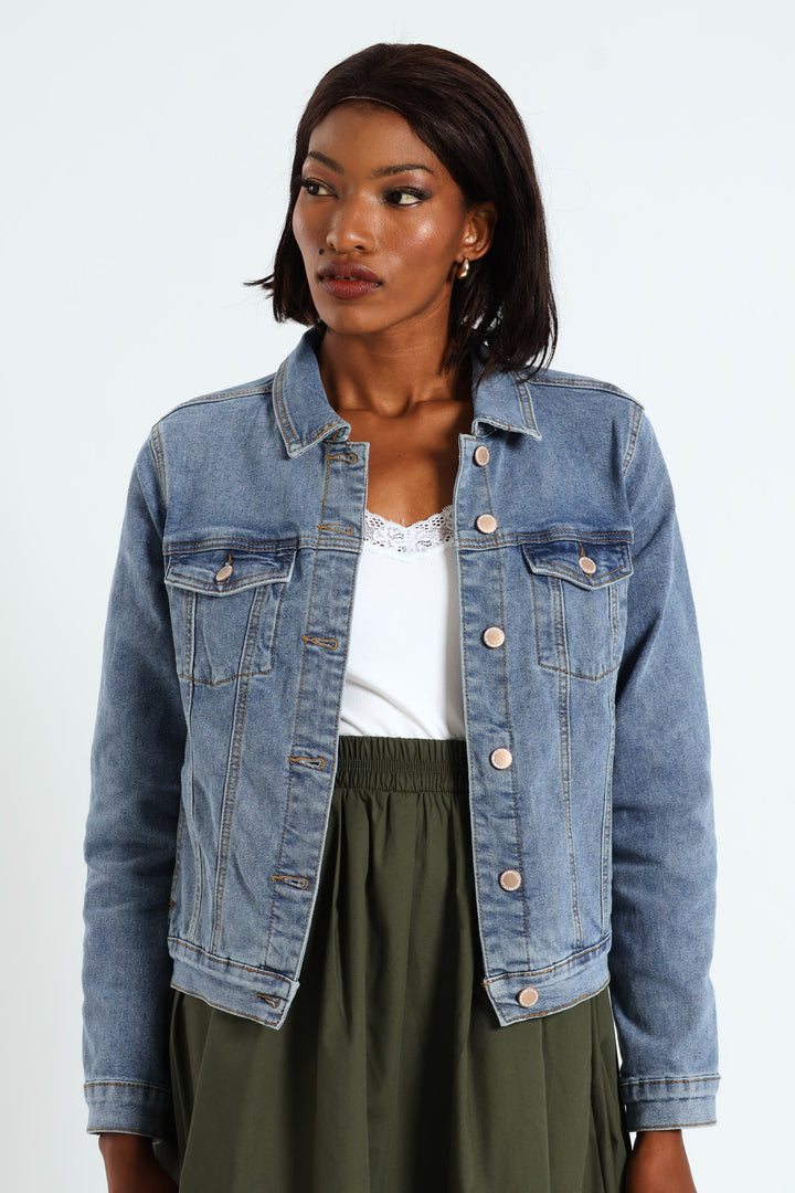 Long Sleeve Classic Denim Trucker Jacket - Light Wash