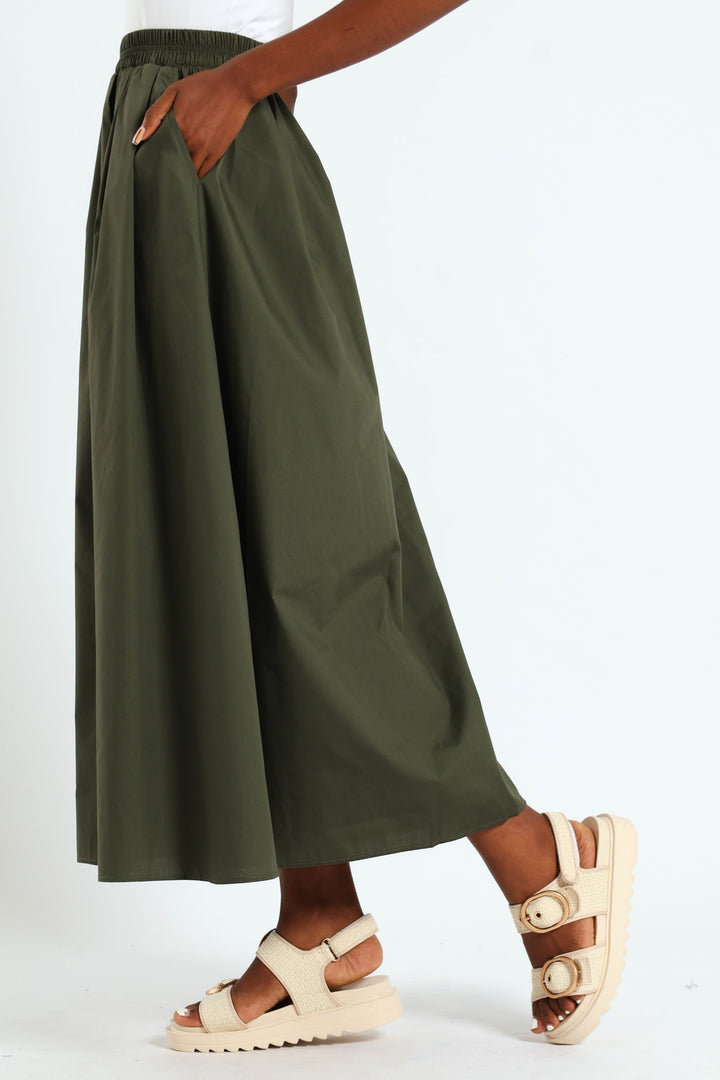 Pull On Poplin Midi Skirt - Fatigue