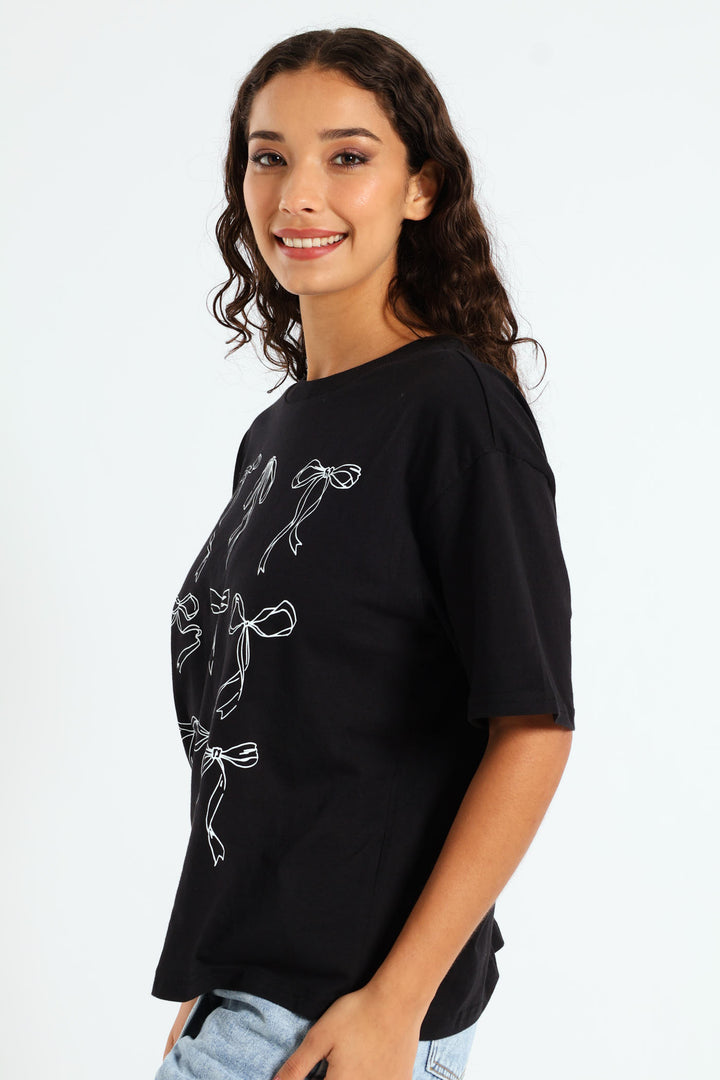Oversized Bow Printed Tee - Black