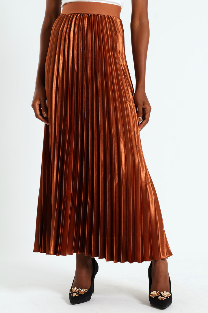 Pleated Satin Maxi Skirt - Copper