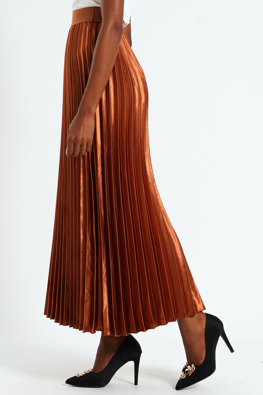 Pleated Satin Maxi Skirt - Copper