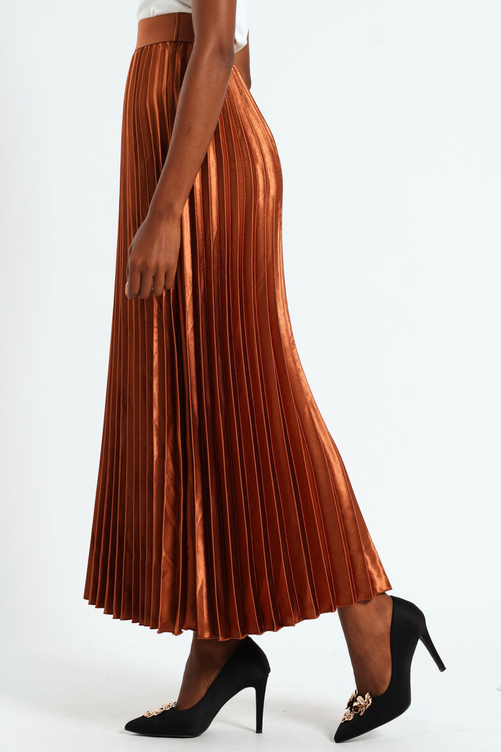 Pleated Satin Maxi Skirt - Copper