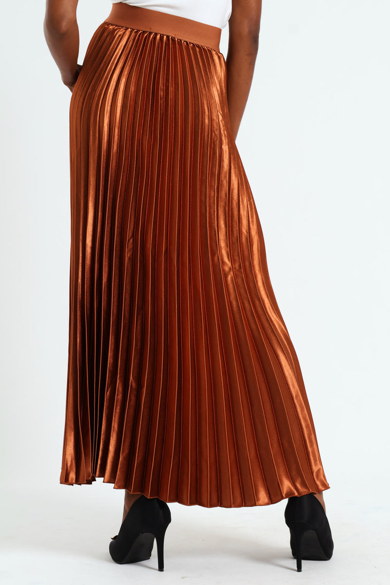 Pleated Satin Maxi Skirt - Copper