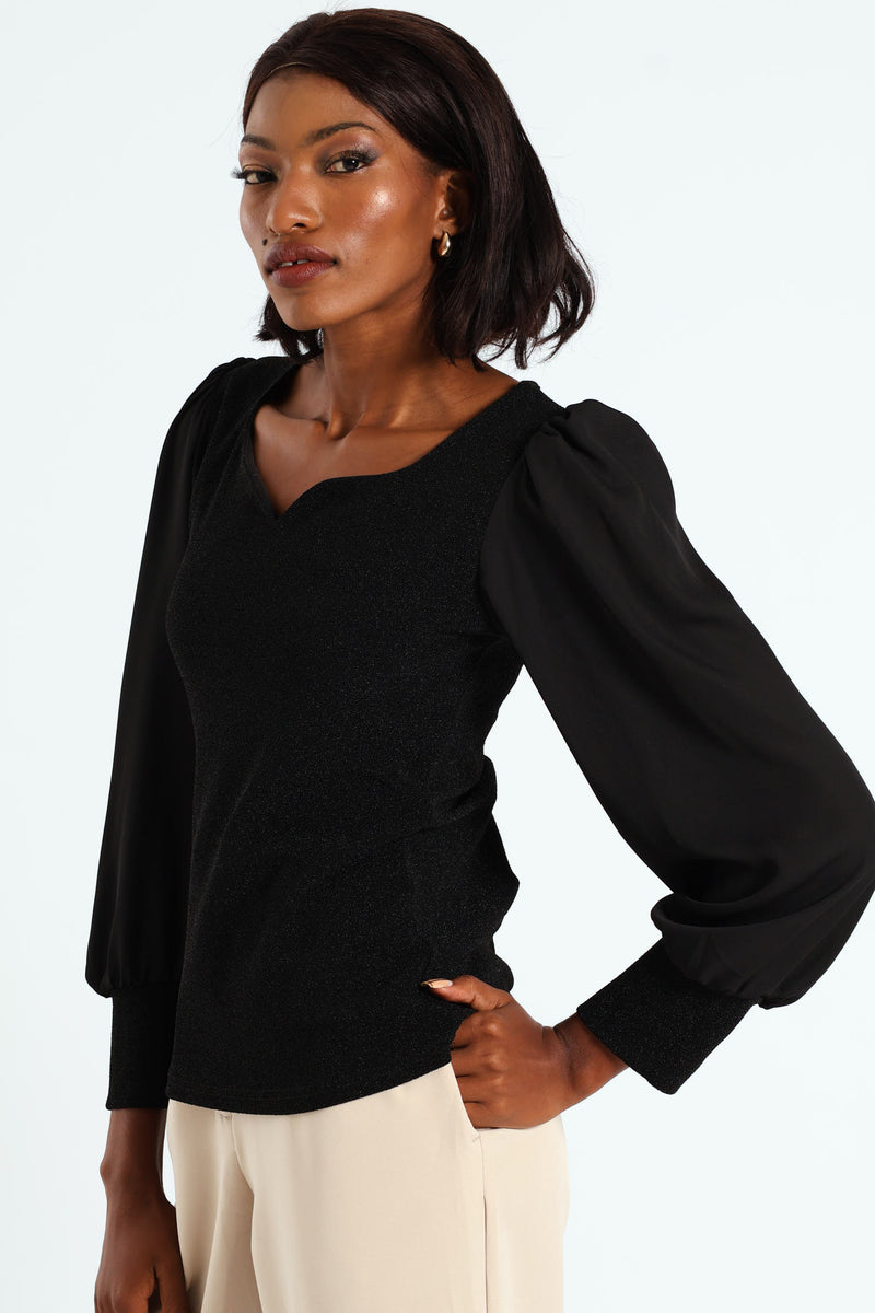 Sweetheart Neckline Shimmer Combo Blouse - Black