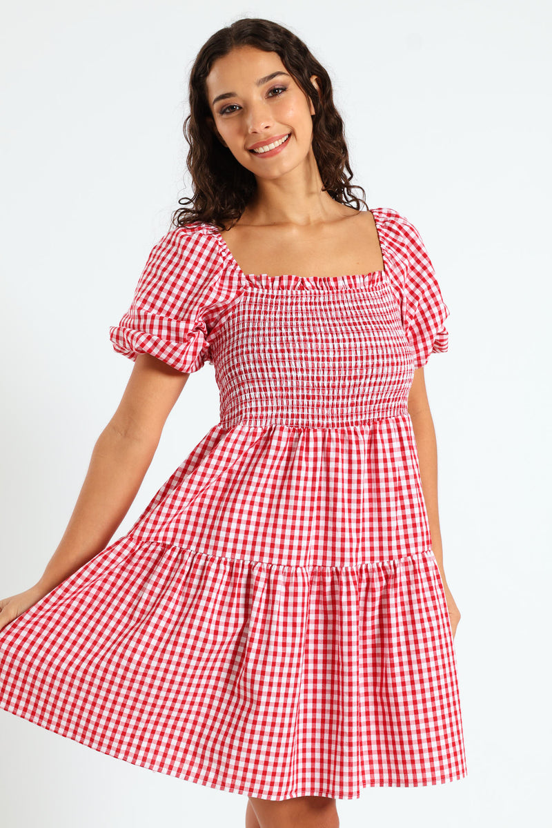 Gingham Puff Sleeve Mini Dress - Red