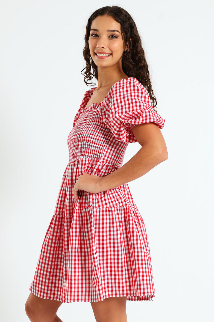 Gingham Puff Sleeve Mini Dress - Red