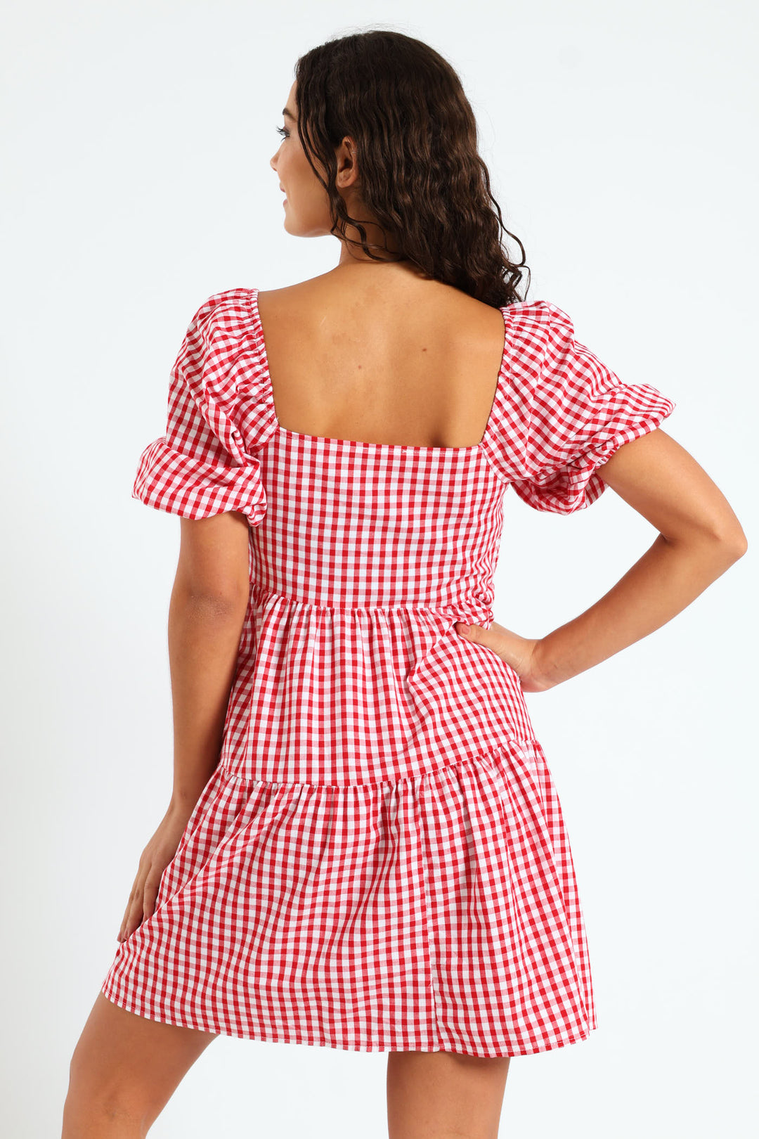 Gingham Puff Sleeve Mini Dress - Red