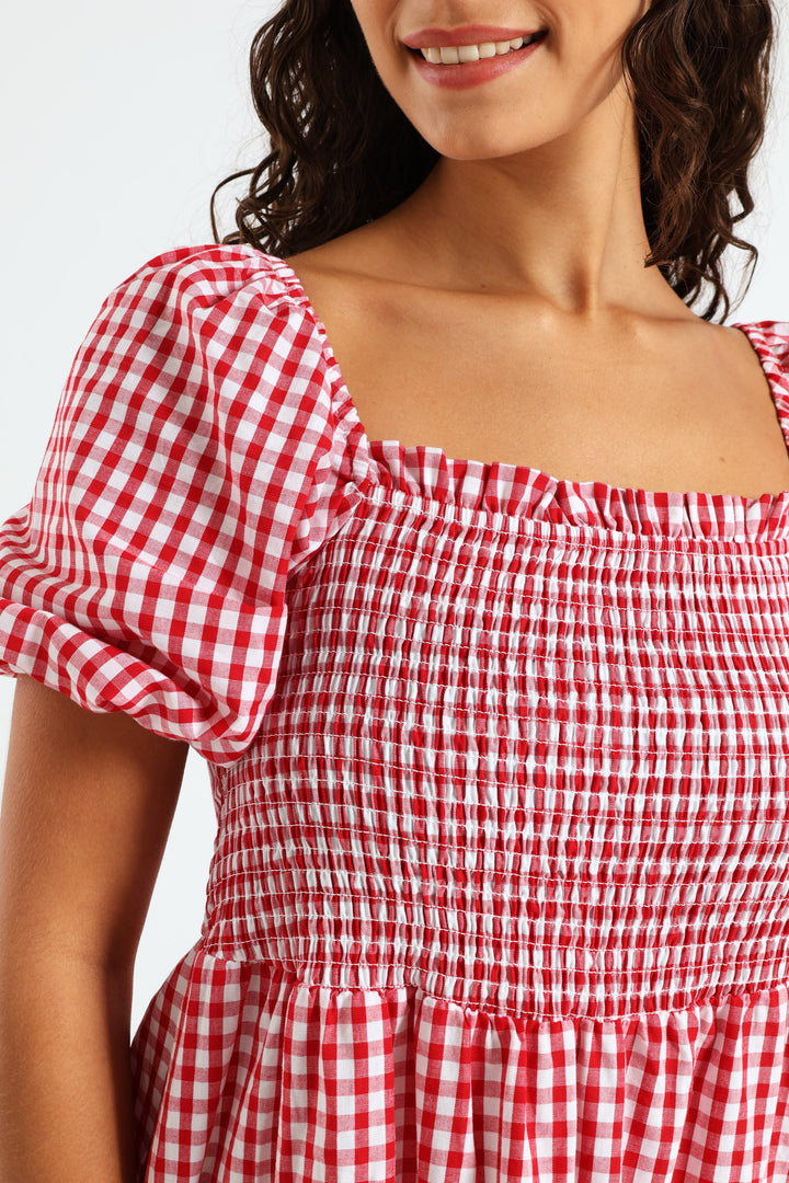 Gingham Puff Sleeve Mini Dress - Red