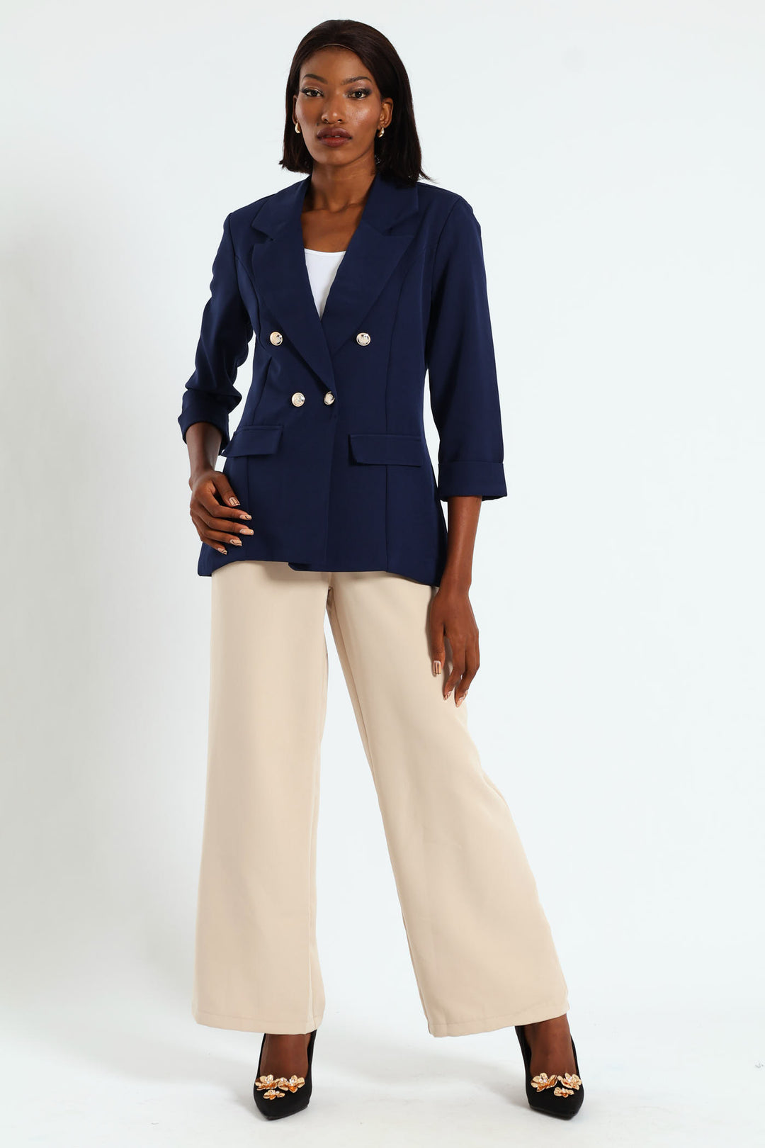 Long Sleeve Turn Up Sleeve Blazer - Navy