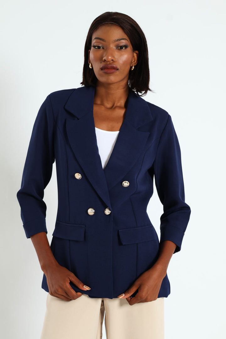 Long Sleeve Turn Up Sleeve Blazer - Navy