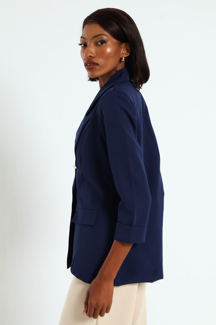 Long Sleeve Turn Up Sleeve Blazer - Navy