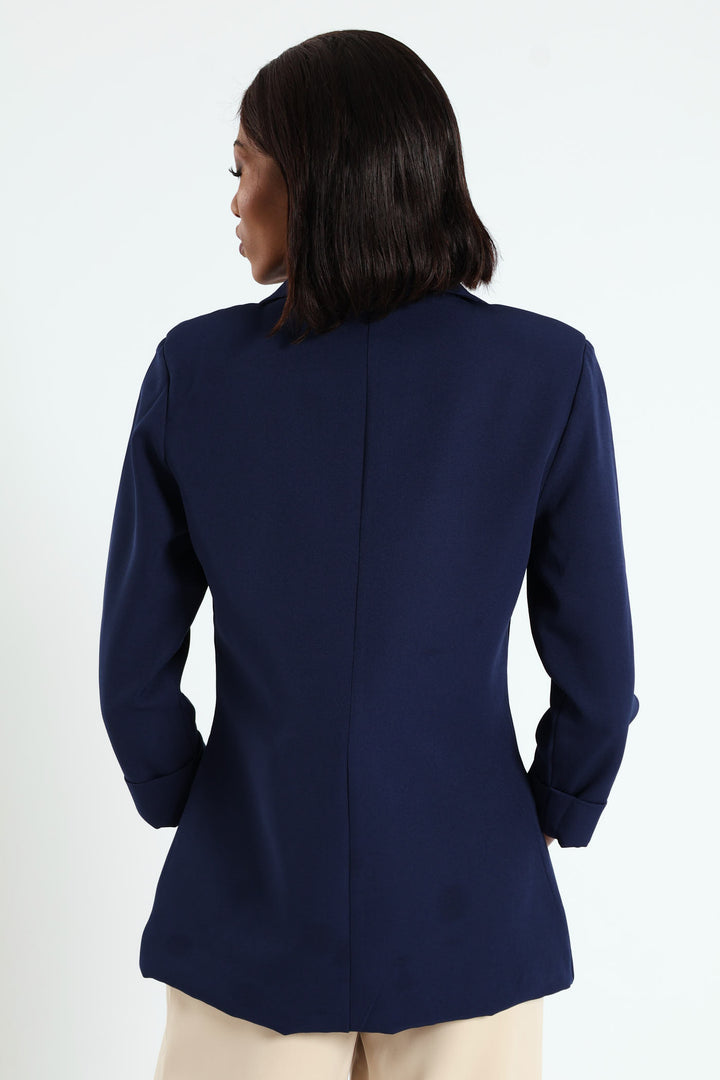 Long Sleeve Turn Up Sleeve Blazer - Navy