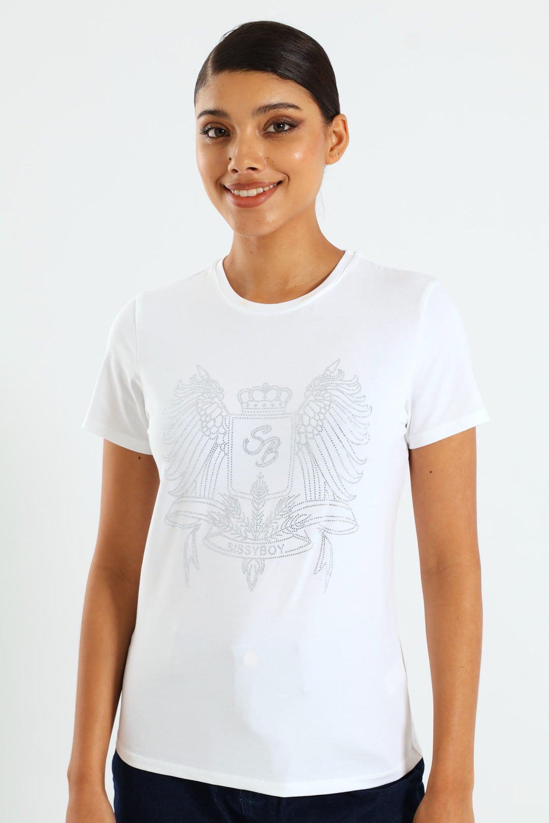 Regular Fit Bling Logo Top - White