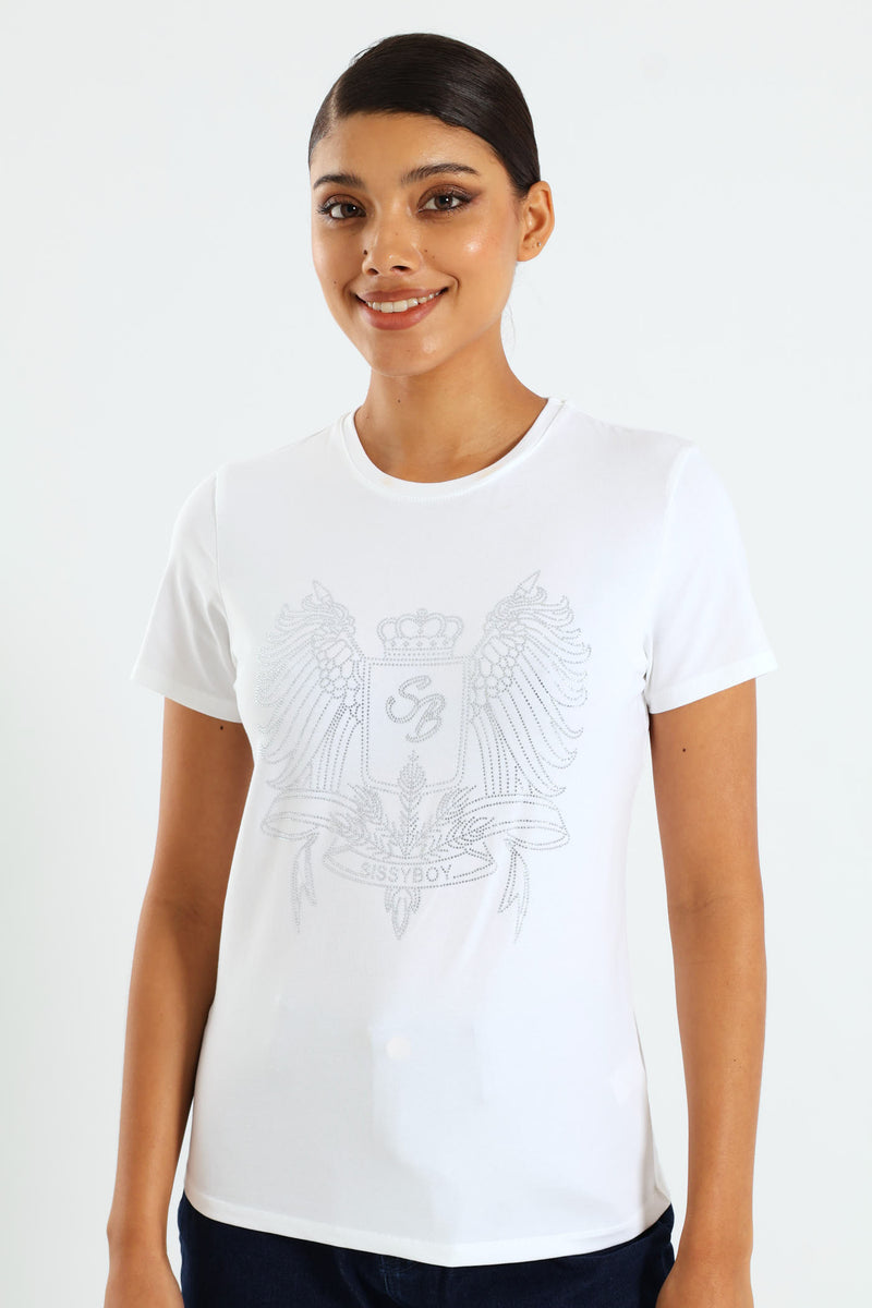 Regular Fit Bling Logo Top - White