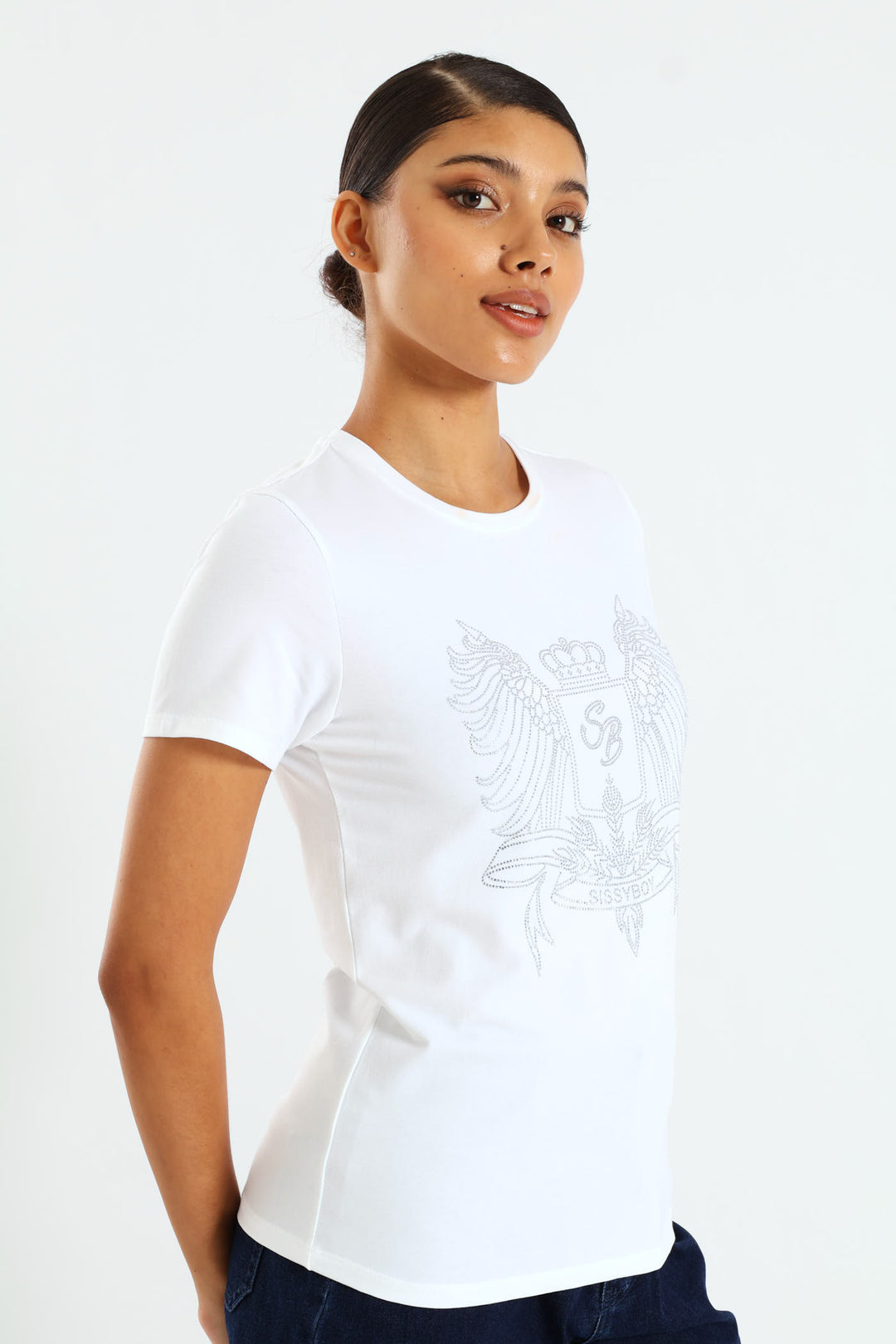Regular Fit Bling Logo Top - White
