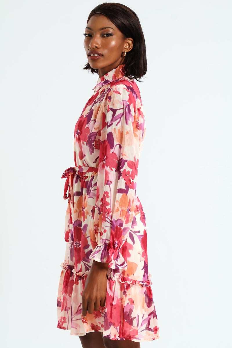 Button Through Frill Hem Tea Dress - Cream