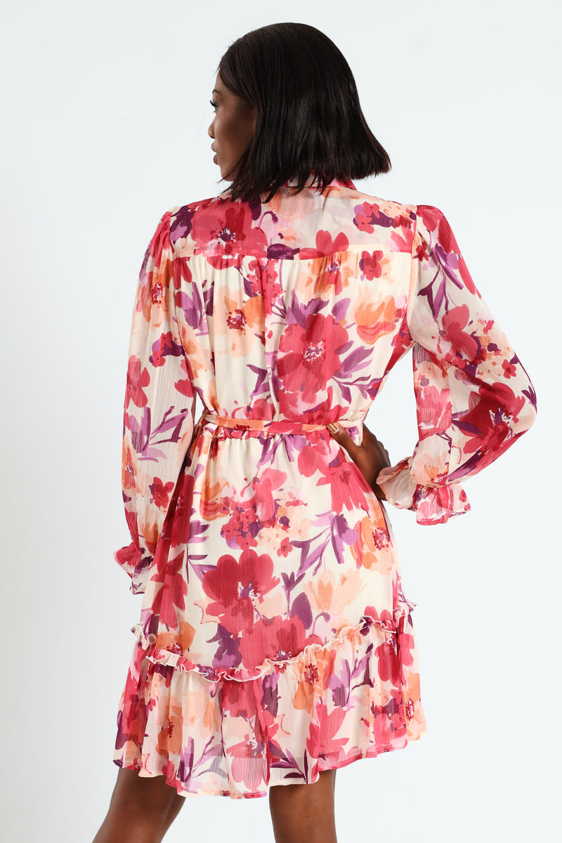 Button Through Frill Hem Tea Dress - Cream