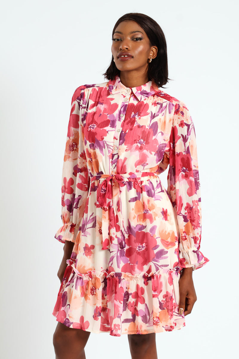 Button Through Frill Hem Tea Dress - Cream