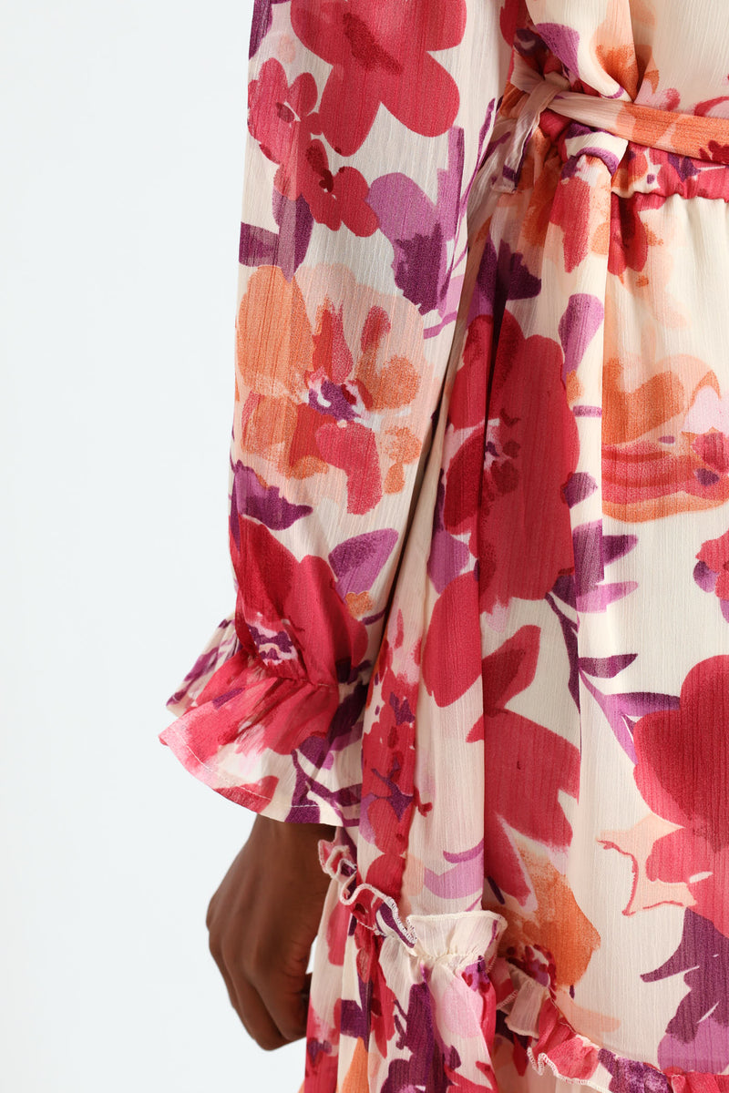 Button Through Frill Hem Tea Dress - Cream