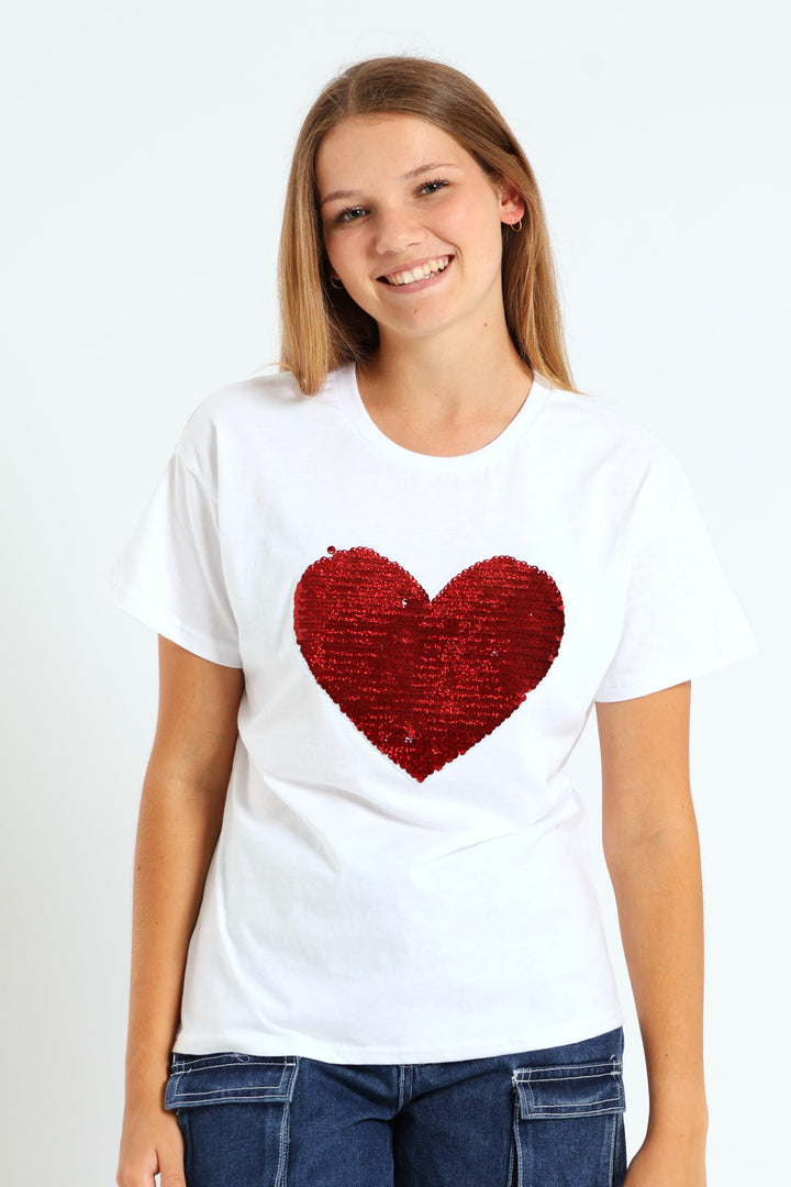 Girls Reverse Sequin Heart Top - White
