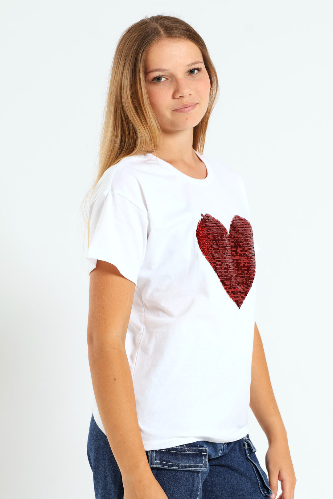 Girls Reverse Sequin Heart Top - White