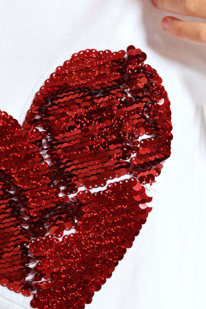 Girls Reverse Sequin Heart Top - White