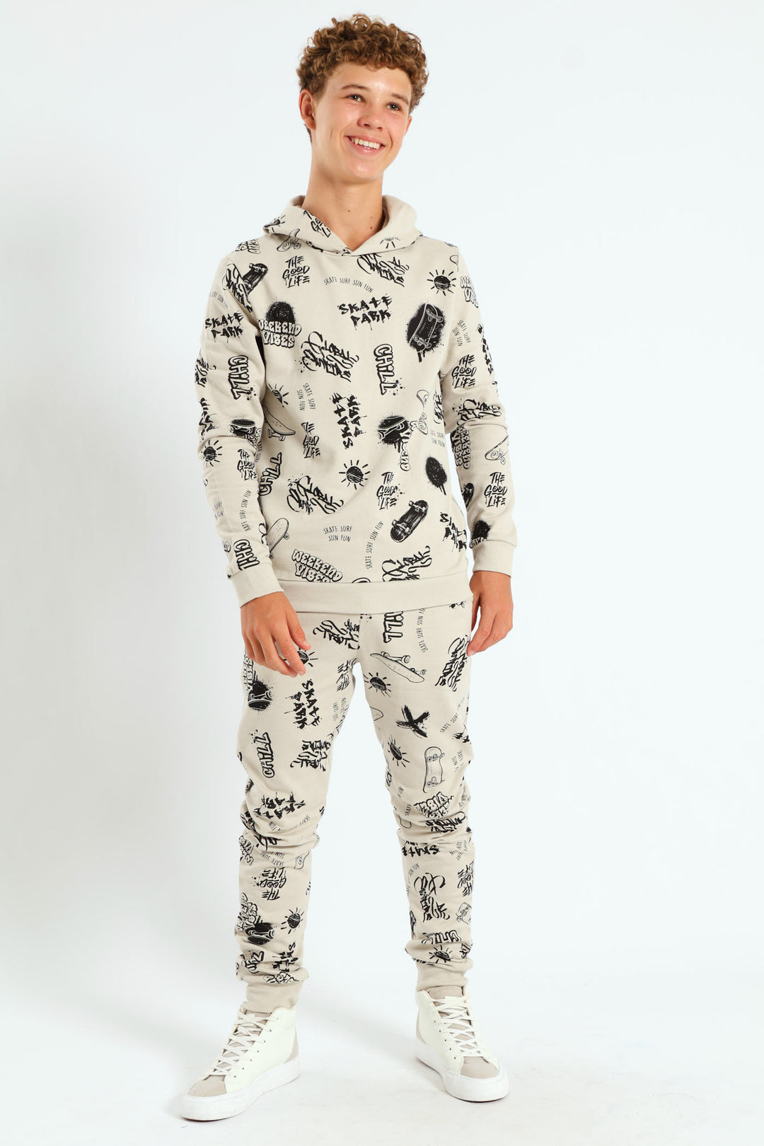 Boys Graffiti Print Hoody - Light Stone