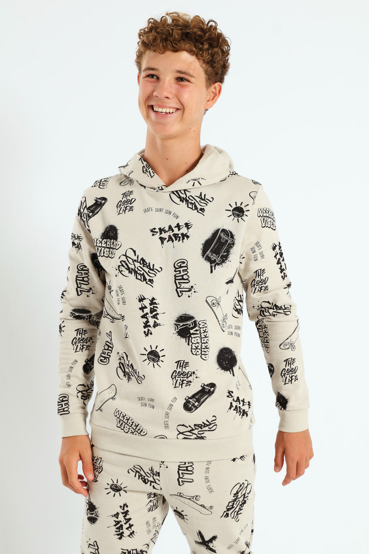 Boys Graffiti Print Hoody - Light Stone