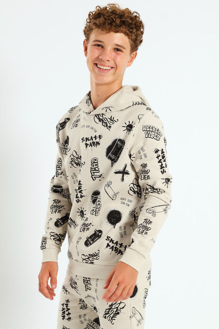 Boys Graffiti Print Hoody - Light Stone