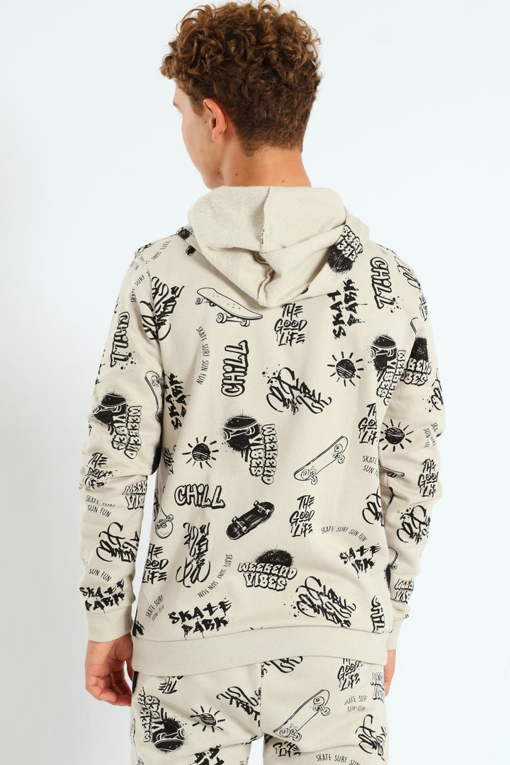 Boys Graffiti Print Hoody - Light Stone