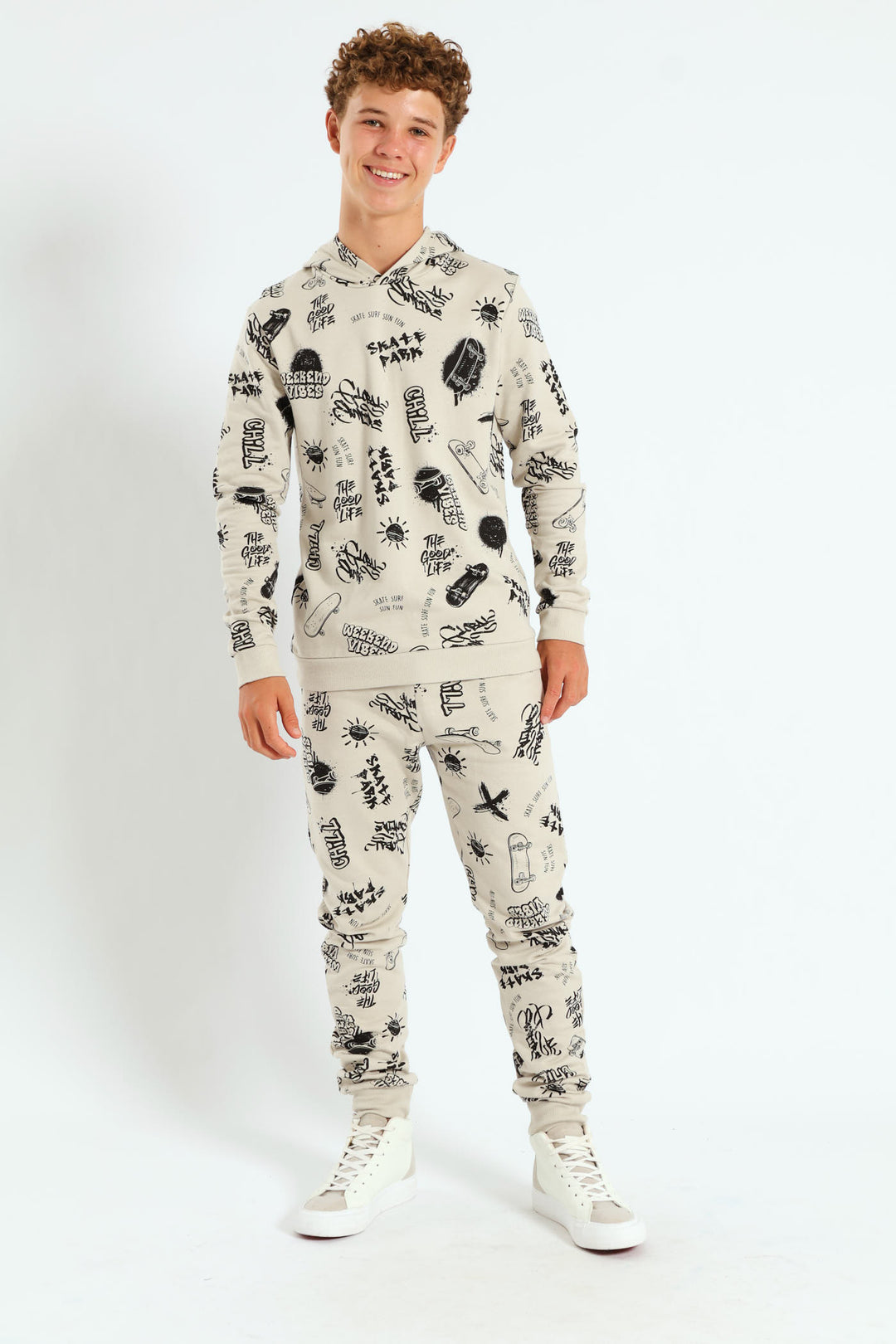 Boys Graffiti Print Jogger - Light Stone