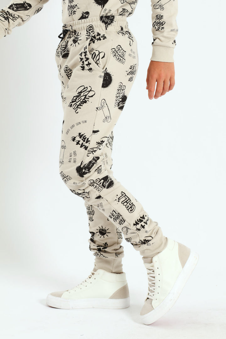 Boys Graffiti Print Jogger - Light Stone
