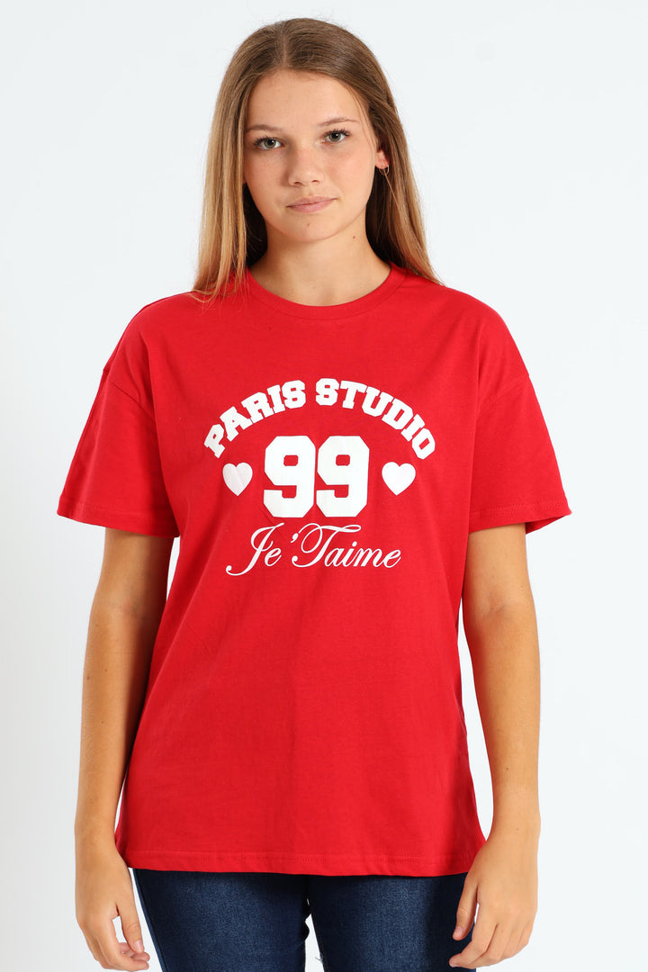 Girls Je T'Aime Oversized Tee - Red