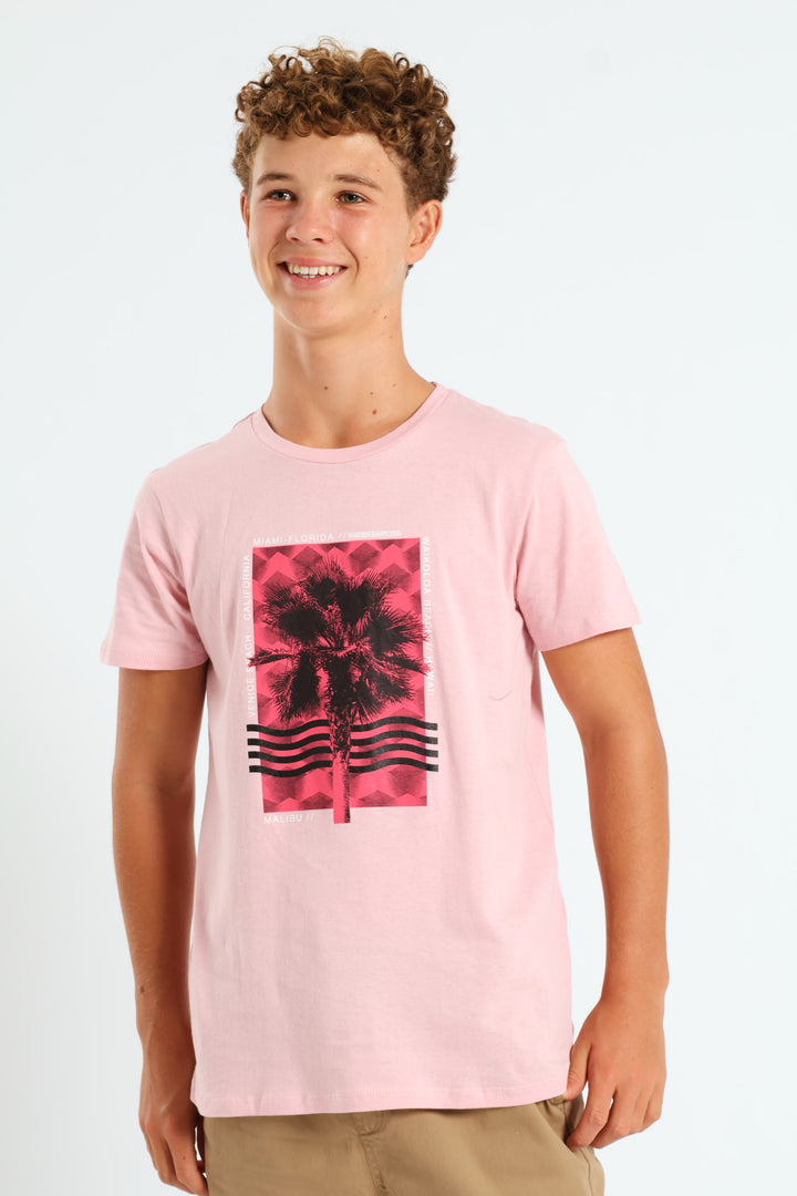 Boys Palm Tree Print Tee - Pink