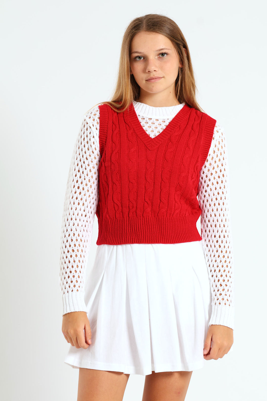 Girls V-Neck Cable Vest - Red