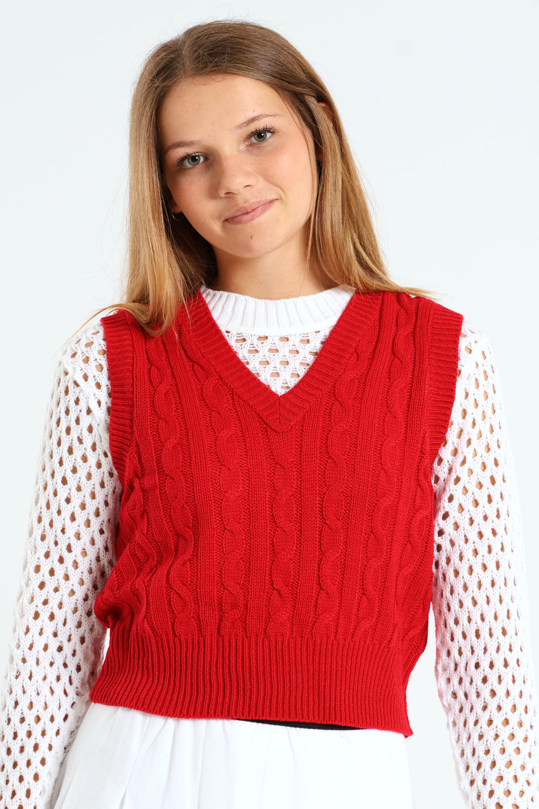 Girls V-Neck Cable Vest - Red