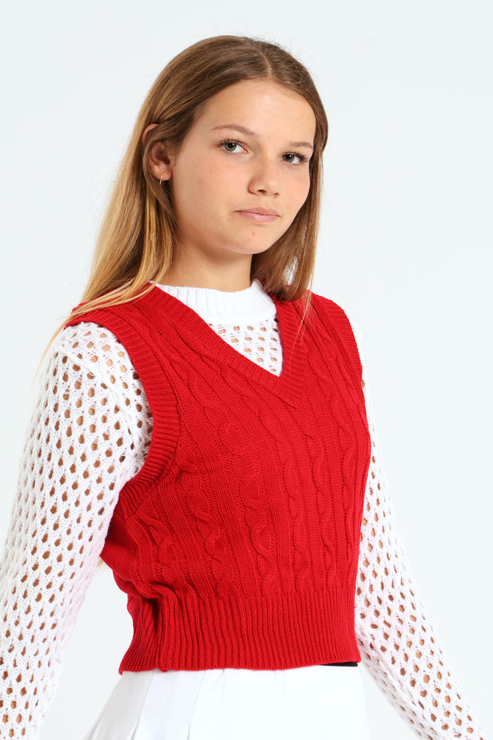Girls V-Neck Cable Vest - Red