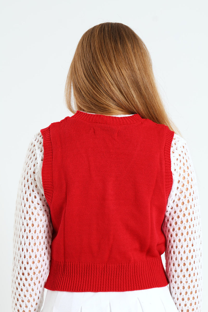 Girls V-Neck Cable Vest - Red