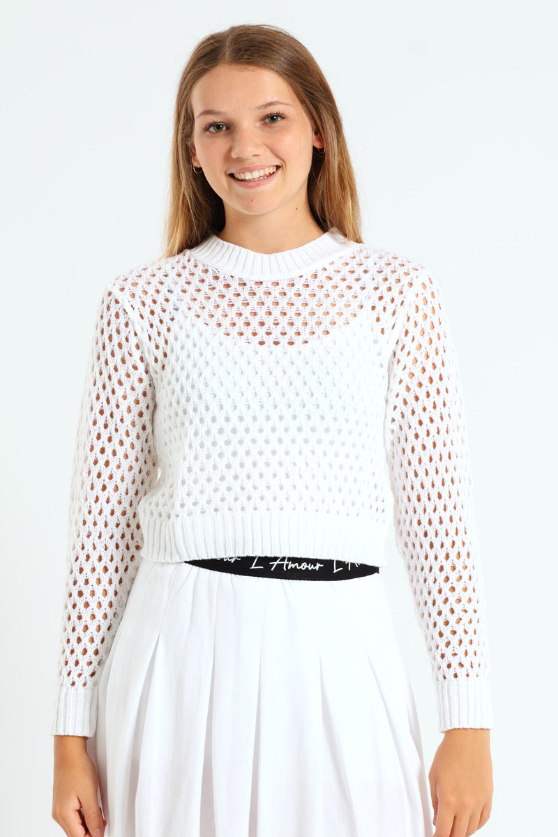 Girls Long Sleeve Crochet Knit Top - White