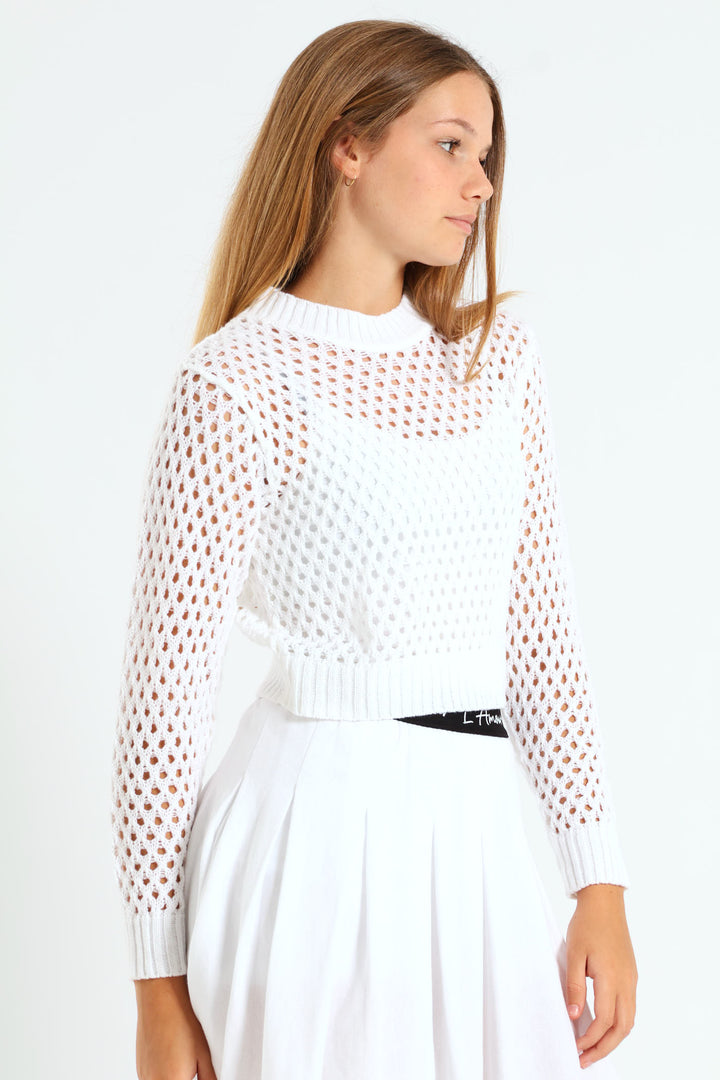 Girls Long Sleeve Crochet Knit Top - White