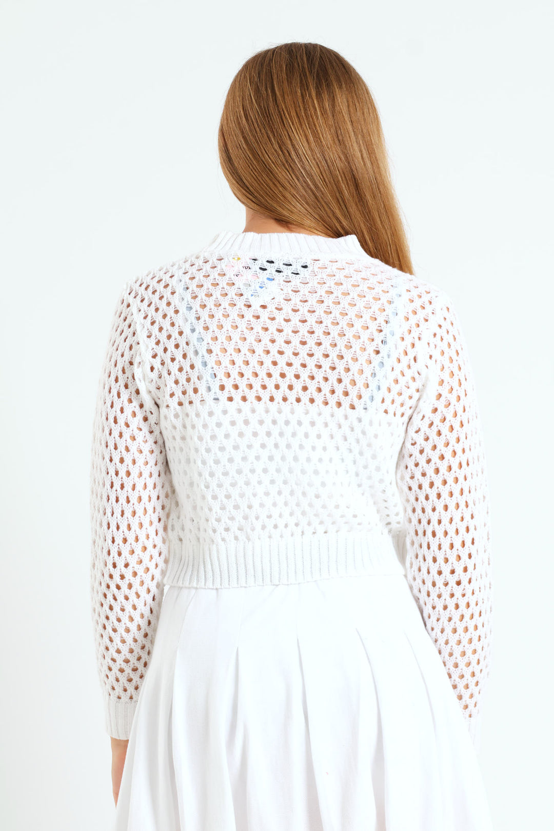 Girls Long Sleeve Crochet Knit Top - White