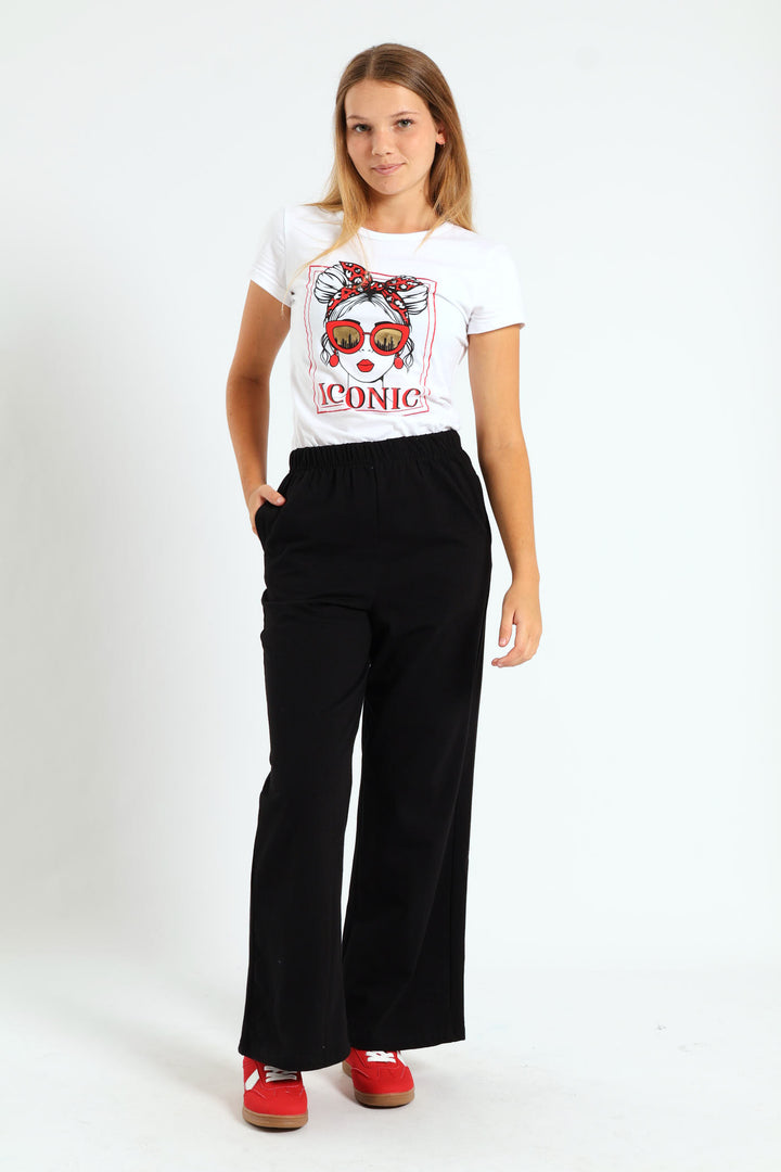 Girls Wide Leg Knit Track Pants - Black