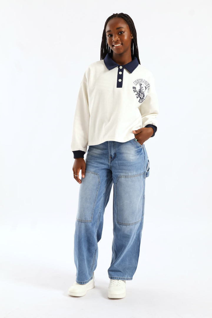 Girls Pocket Detail Carpenter Denim - Mid Blue