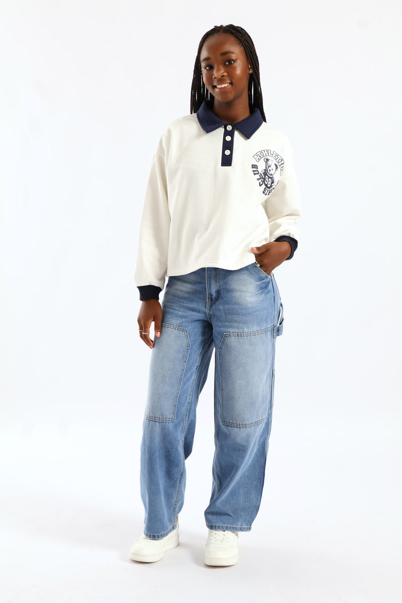 Girls Pocket Detail Carpenter Denim - Mid Blue