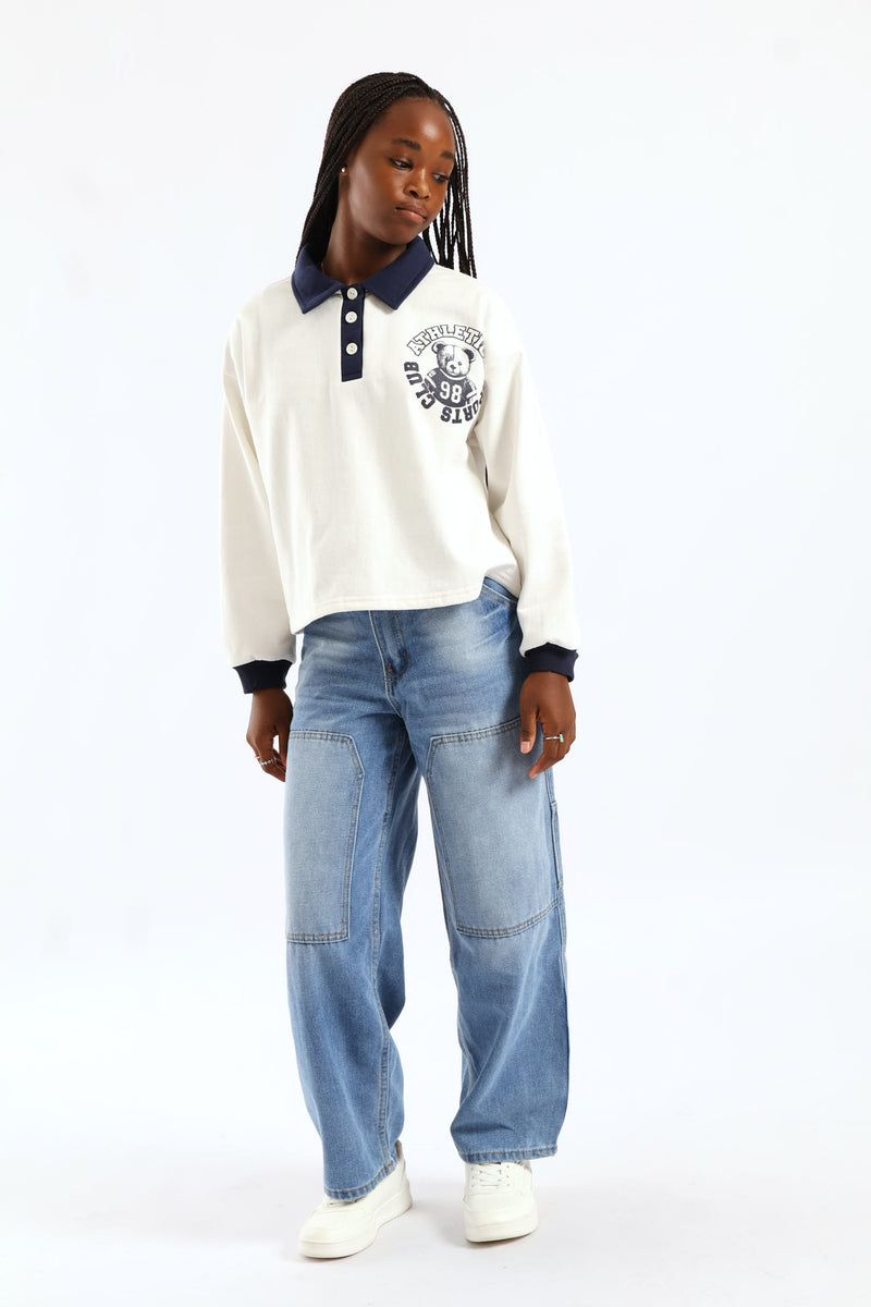 Girls Pocket Detail Carpenter Denim - Mid Blue