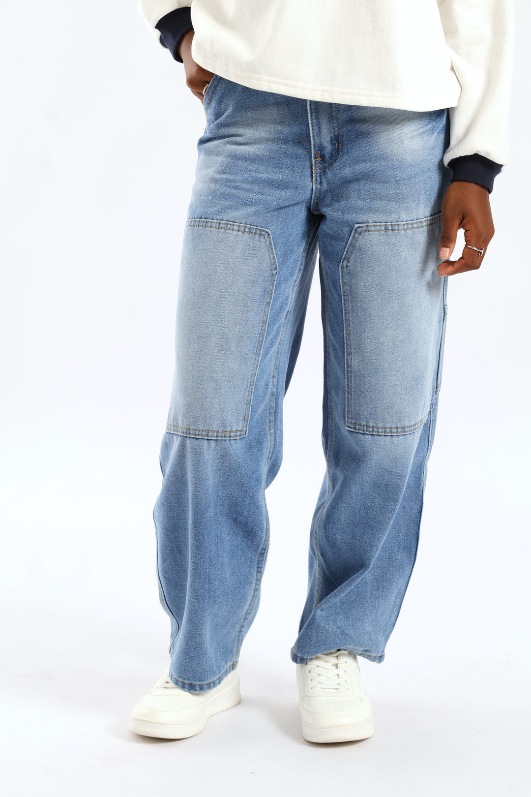 Girls Pocket Detail Carpenter Denim - Mid Blue