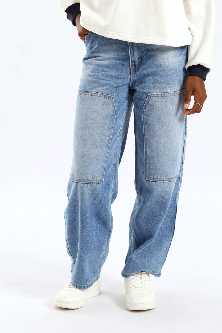 Girls Pocket Detail Carpenter Denim - Mid Blue