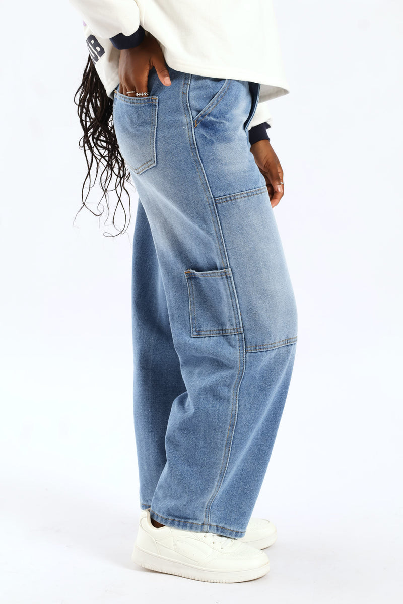 Girls Pocket Detail Carpenter Denim - Mid Blue