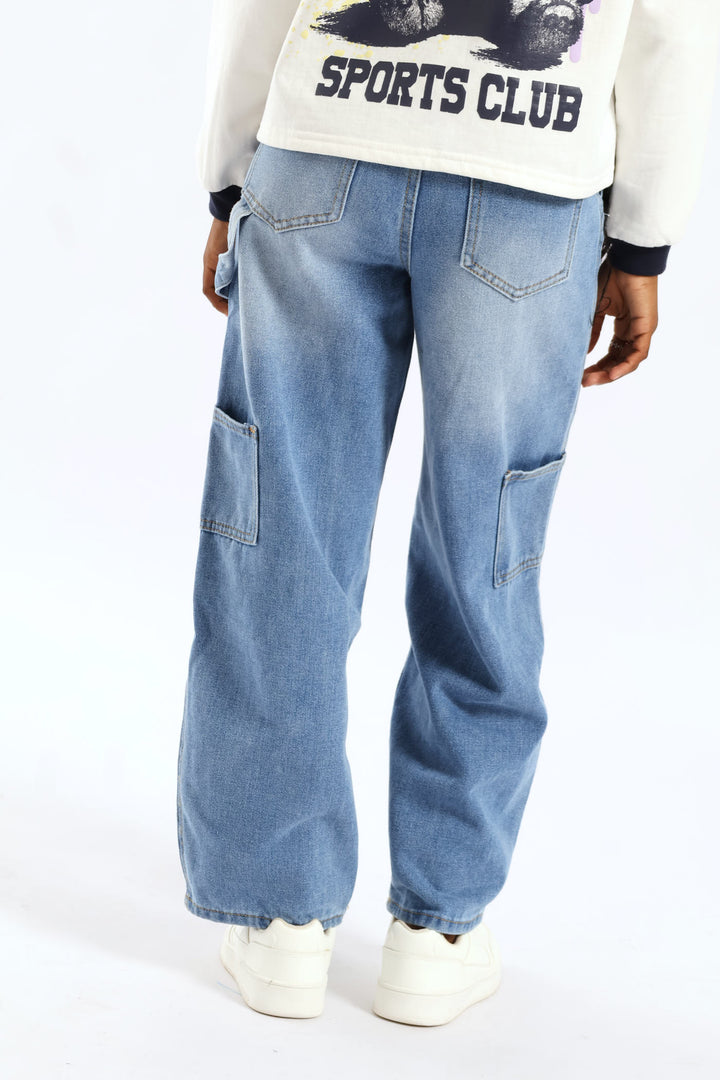 Girls Pocket Detail Carpenter Denim - Mid Blue