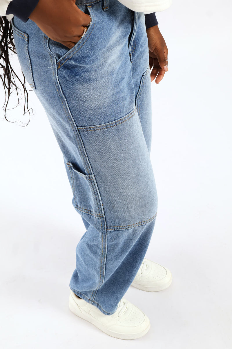 Girls Pocket Detail Carpenter Denim - Mid Blue